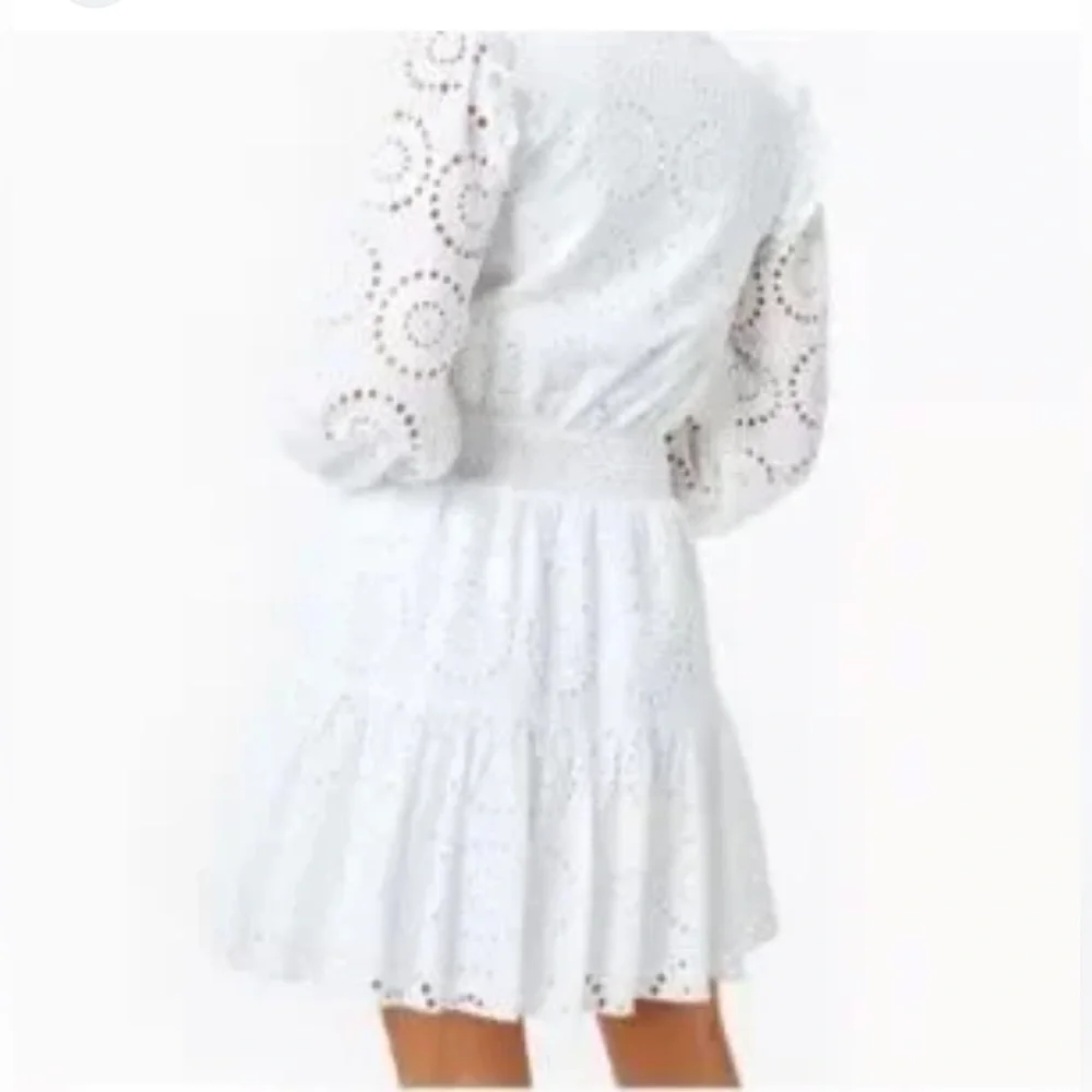 Lilly Pulitzer White Eyelet Long Sleeve Smocked Waist Taviana Dress SIZE 16 - Picture 4 of 11